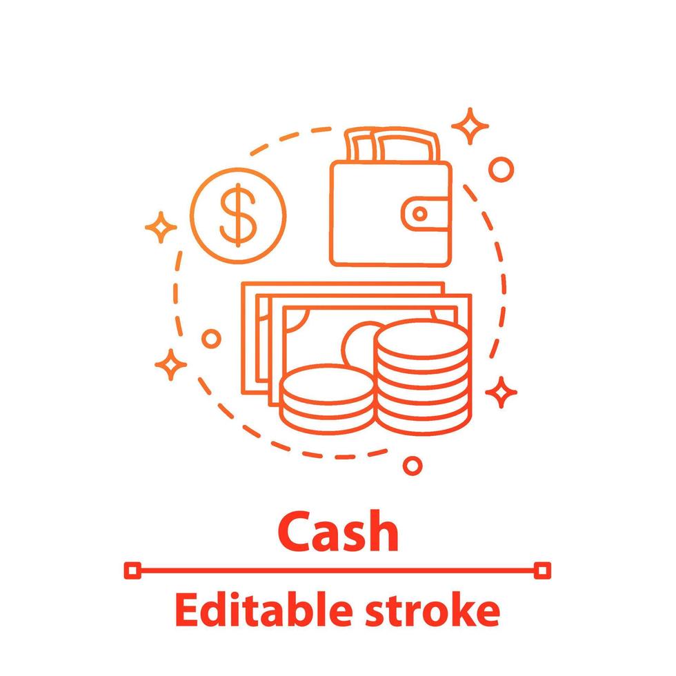 kontanter koncept ikon. pengar. sparidé tunn linje illustration. sedlar, mynt och plånbok. vektor isolerade konturritning. redigerbar linje
