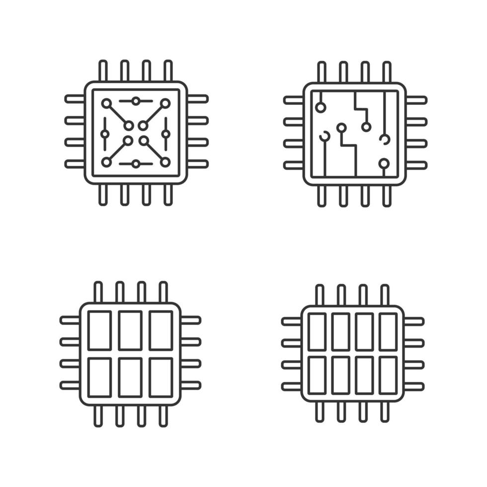 Prozessoren lineare Symbole gesetzt. Chip, Mikroprozessor, integrierte Einheit, Sechs- und Achtkernprozessoren. dünne Linienkontursymbole. isolierte Vektorgrafiken. bearbeitbarer Strich vektor