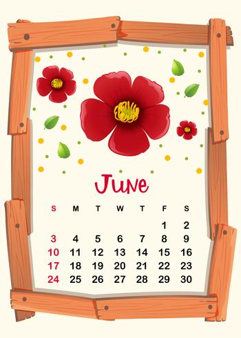 Kalendervorlage für Juni mit roter Blume vektor