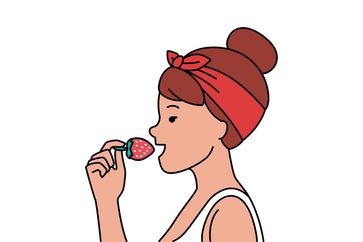 en flicka i en bandana äter en utsökt röd jordgubbe. illustration isolerat på vit bakgrund. utvikningsbrud stil bild vektor