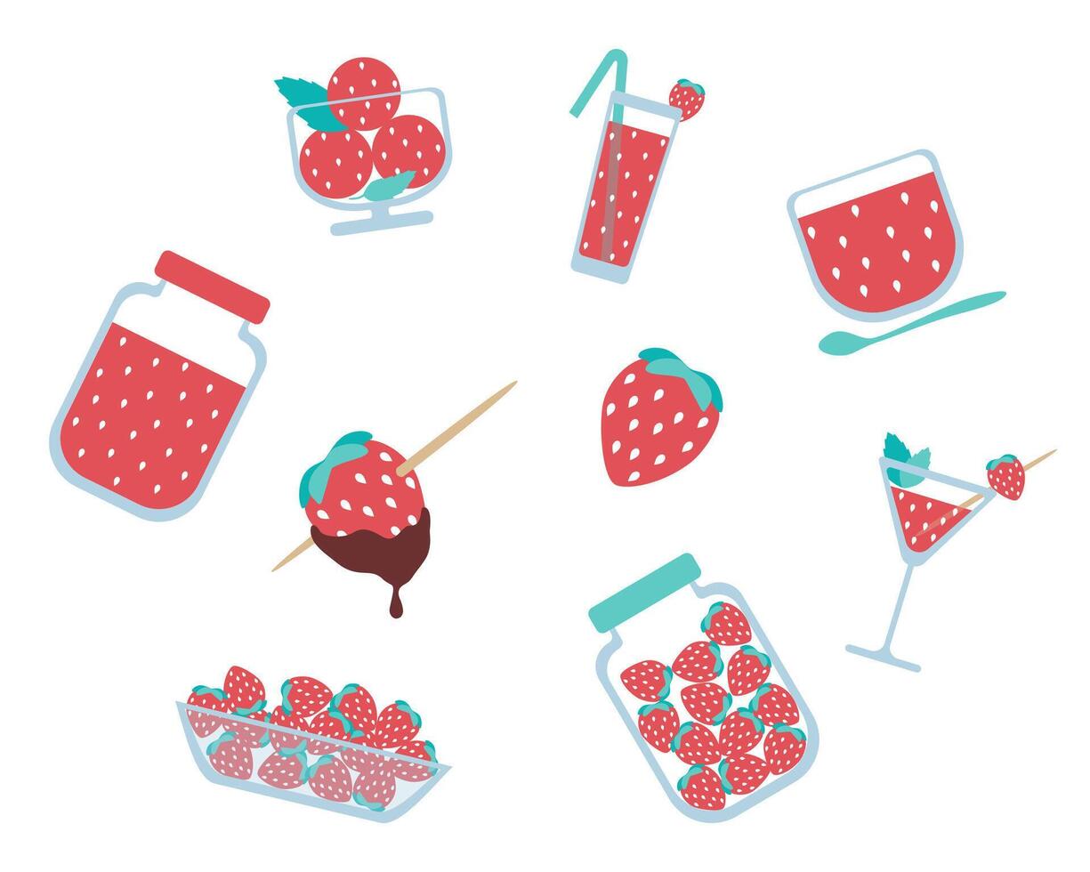 Erdbeere Eis Creme. Glas Krug von Marmelade, Marmelade, Konfitüre. Schokolade bedeckt Erdbeeren. Zuhause Einmachen. saftig Erdbeeren, rot Beeren. Sommer- Essen Illustration. isoliert auf Weiß Hintergrund vektor