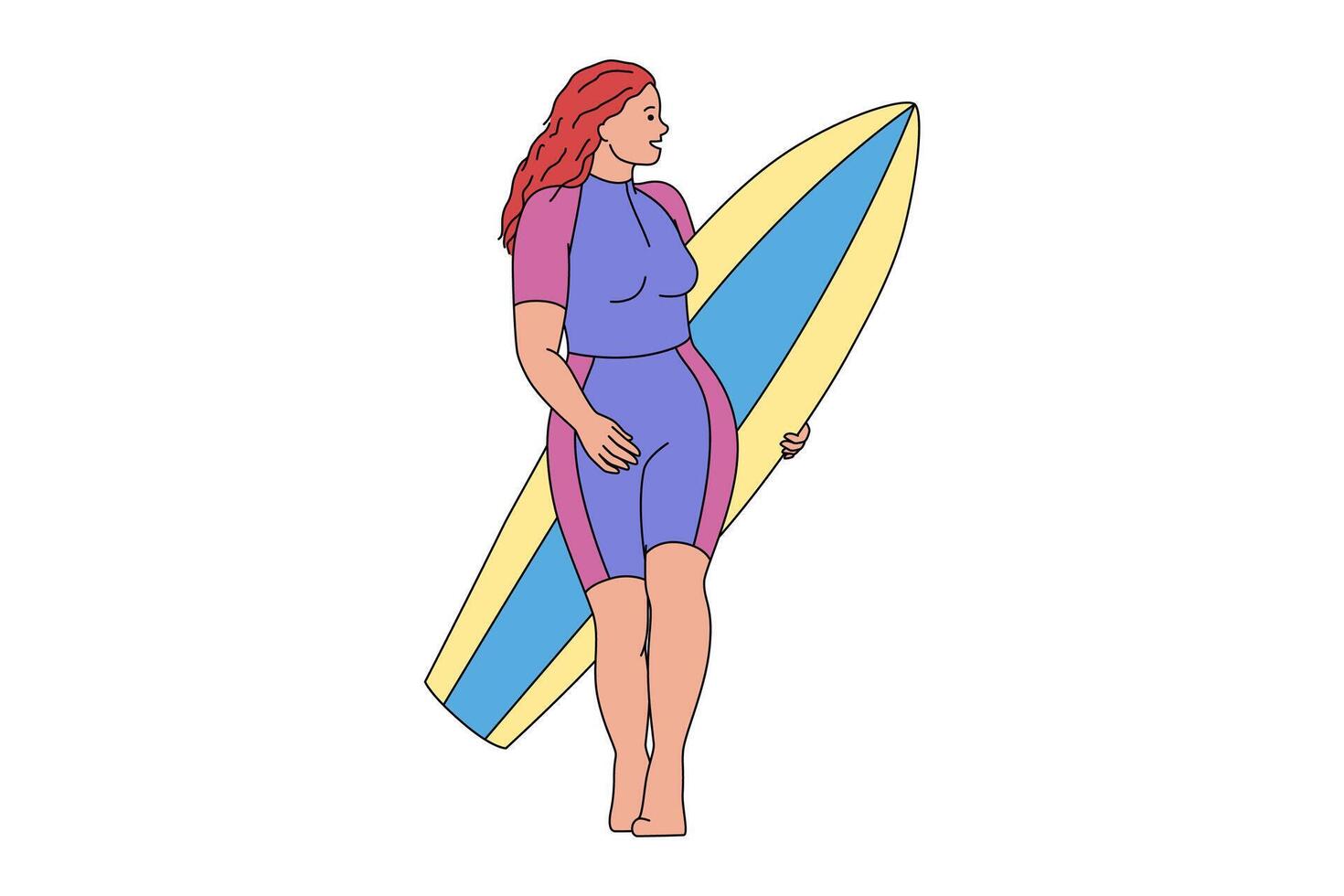 ein Surfer Mädchen mit rot Haar Spaziergänge mit ein Tafel. Illustration isoliert auf Weiß Hintergrund. Wasser Sport. Surfen. Gleichgewicht, Gleichgewicht. Meer. Ozean. vektor
