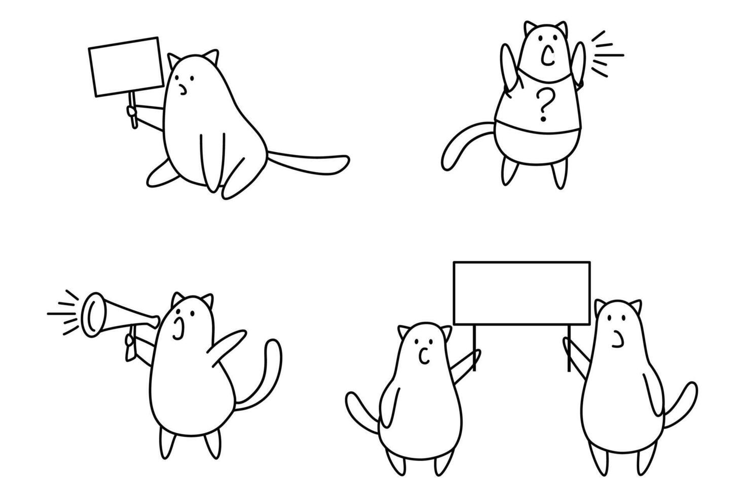 uppsättning av ritningar av katter. illustration möten. djur med posters och megafon. till locka till sig uppmärksamhet. isolerat på vit bakgrund vektor