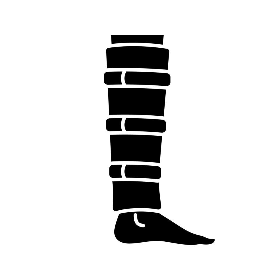 shin brace glyfikon. benstöd. justerbar vadstöd. siluett symbol. underbenskompressionslinda. benskadebehandling, smärtlindring. vadmuskelskada, stukning. vektor isolerade illustration