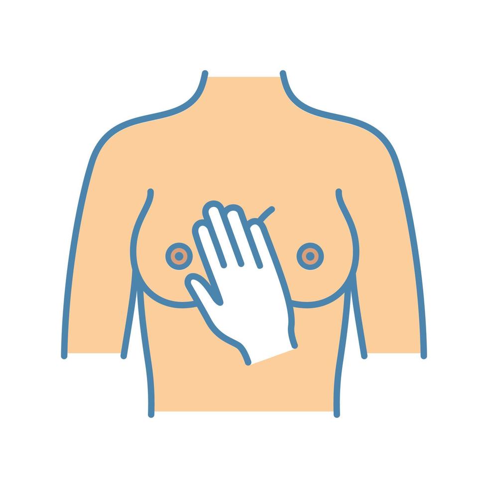 bröst palpation färgikon. kvinna bröst självundersökning. medicinsk undersökning. kvinnlig hälsa. förebyggande av cancer. isolerade vektor illustration