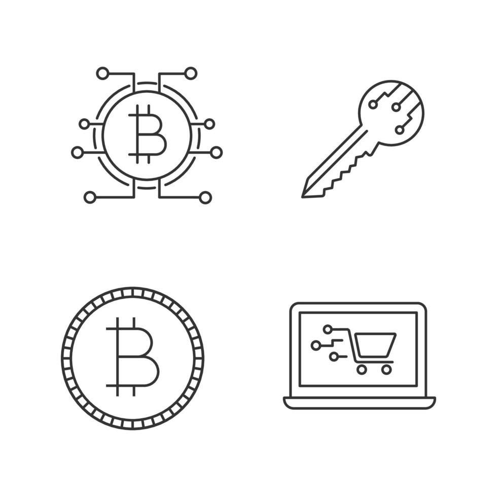bitcoin cryptocurrency linjära ikoner set. digital nyckel, bitcoin med mikrochipsväg, mynt, online shopping. tunn linje kontur symboler. isolerade vektor kontur illustrationer. redigerbar linje
