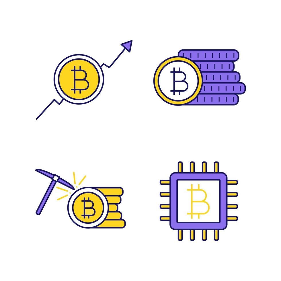 Bitcoin-Kryptowährungs-Farbsymbole gesetzt. Marktwachstumsdiagramm, Bitcoin-Münzenstapel, Bergbau, Mikrochip. isolierte vektorillustrationen vektor