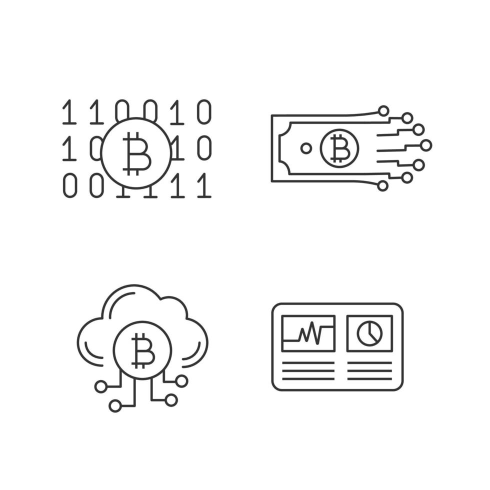 Bitcoin-Kryptowährung lineare Symbole gesetzt. Binärcode, digitales Geld, Cloud-Mining, Hashrate. dünne Linienkontursymbole. isolierte Vektorgrafiken. bearbeitbarer Strich vektor