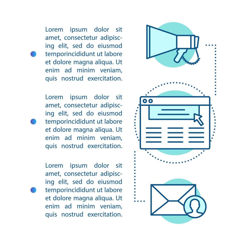 Internet-Marketing-Artikelseiten-Vektorvorlage. Massenversand, Medienwerbung. Broschüre, Magazin, Broschürendesign mit linearen Symbolen und Textfeldern. Druckdesign. Förderung. Konzept mit Textraum vektor