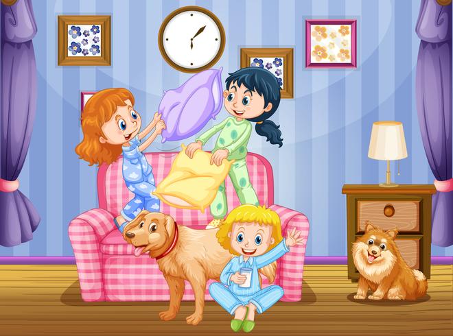 Drei Mädchen und zwei Hunde im Wohnzimmer vektor