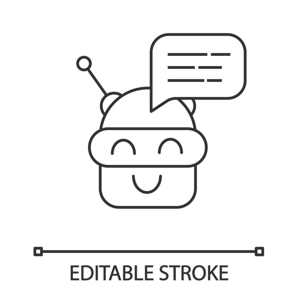 Lineares Symbol für Chatbot-Nachrichten. Talkbot. moderner Roboter. dünne Linie Abbildung. Android lachender Chatbot. virtueller Assistent. Gesprächsagent. Kontursymbol. Vektor isolierte Zeichnung. bearbeitbarer Strich