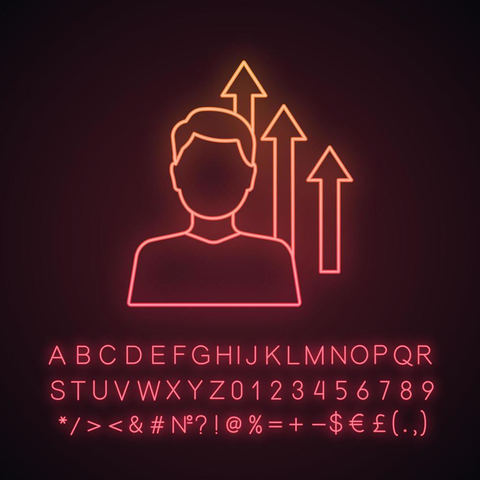 Neonlichtsymbol für persönliches Wachstum. Erfolge. Ziel zu erreichen. Selbstentwicklung und Verbesserung. Karriere Wachstum. leuchtendes Schild mit Alphabet, Zahlen und Symbolen. isolierte Vektorgrafik vektor