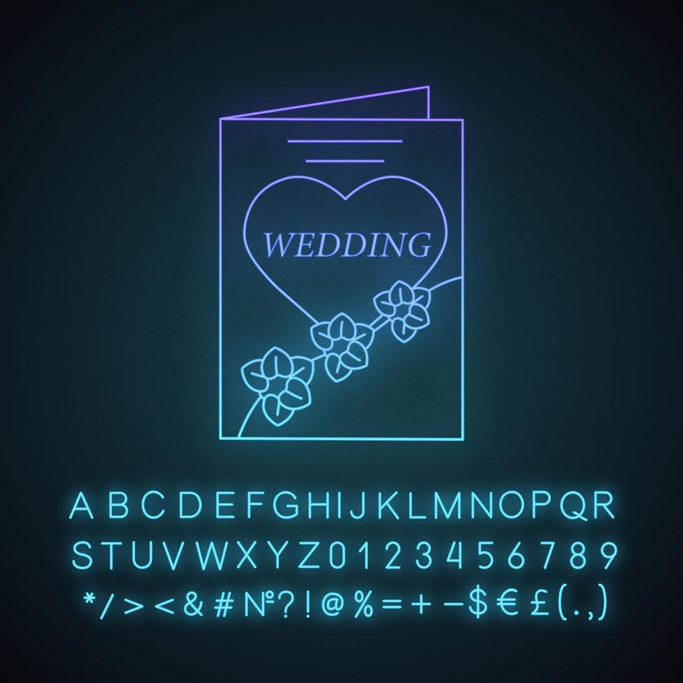 bröllopsinbjudan kort neonljus ikon. bröllop gratulationskort med blommor. glödande tecken med alfabet, siffror och symboler. vektor isolerade illustration