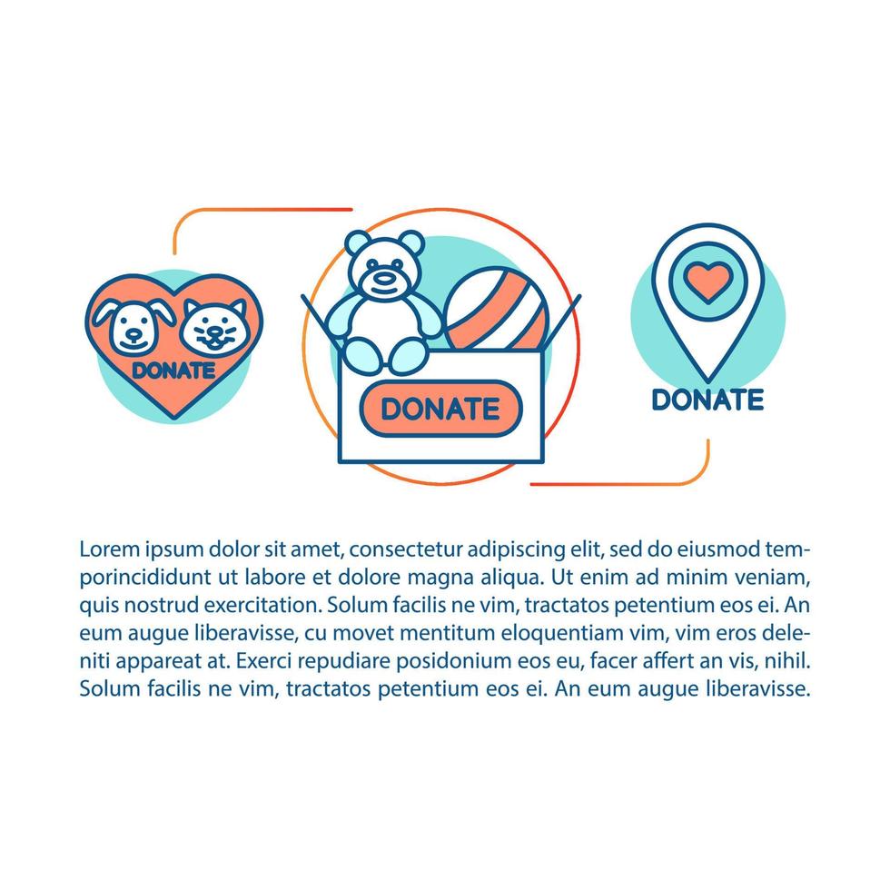 välgörenhet koncept linjär illustration. donation. välgörenhet för barn. artikel, broschyr, tidningssida. djurskydd. tunn linje ikoner med textrutor. tryckdesign. vektor isolerade konturritning