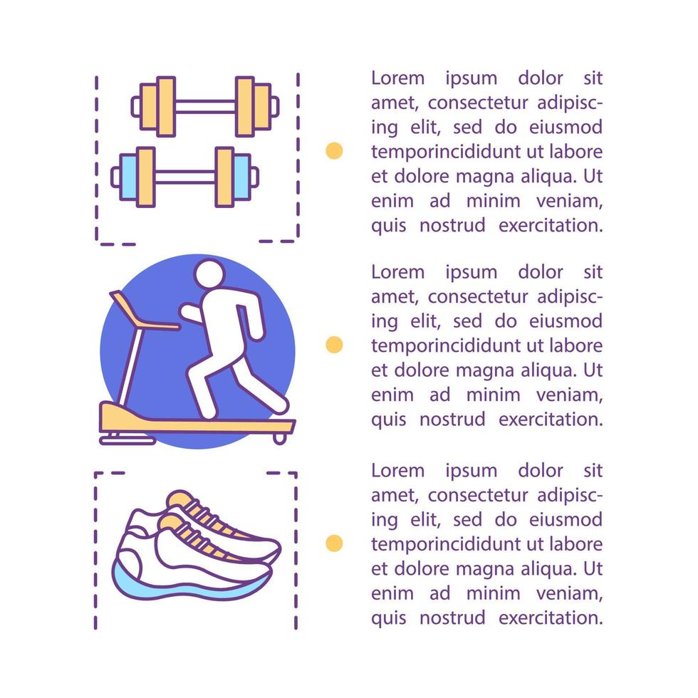 Fitnessartikel Seite Vektorvorlage. gesunder Lebensstil. körperliche Aktivitäten, Übungen. trainieren und trainieren. Broschüre, Magazin, Broschürengestaltungselement mit Textfeldern. Druckkonzeptdesign vektor