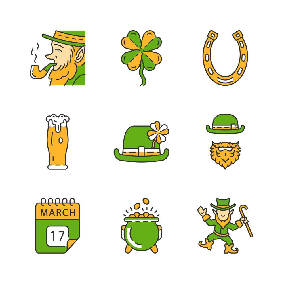 Saint Patrick s Day Farbsymbole gesetzt. 17. märz fest des hl. patrick. isolierte vektorillustrationen vektor