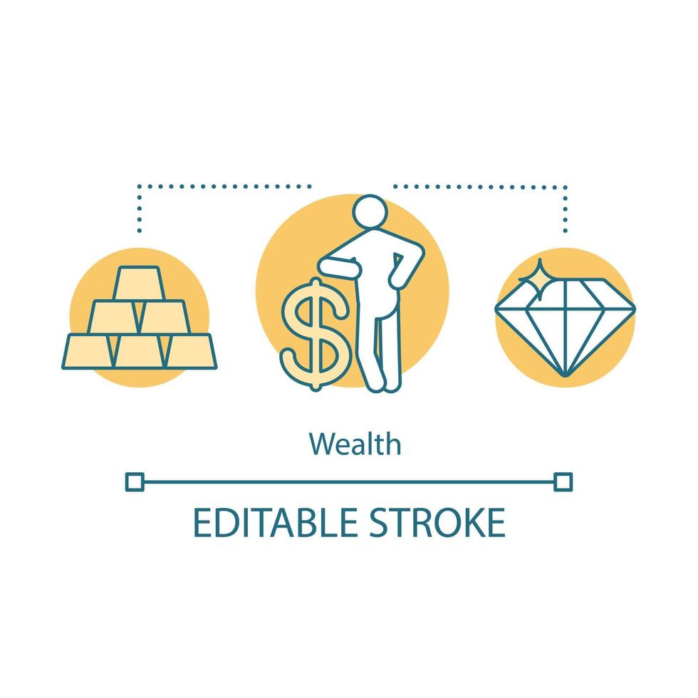 rikedom koncept ikon. företag, investeringsidé tunn linje illustration. tjäna pengar. välfärd, rikedom. rik man med dollartecken, diamant, guldtackor. vektor isolerade konturritning. redigerbar linje