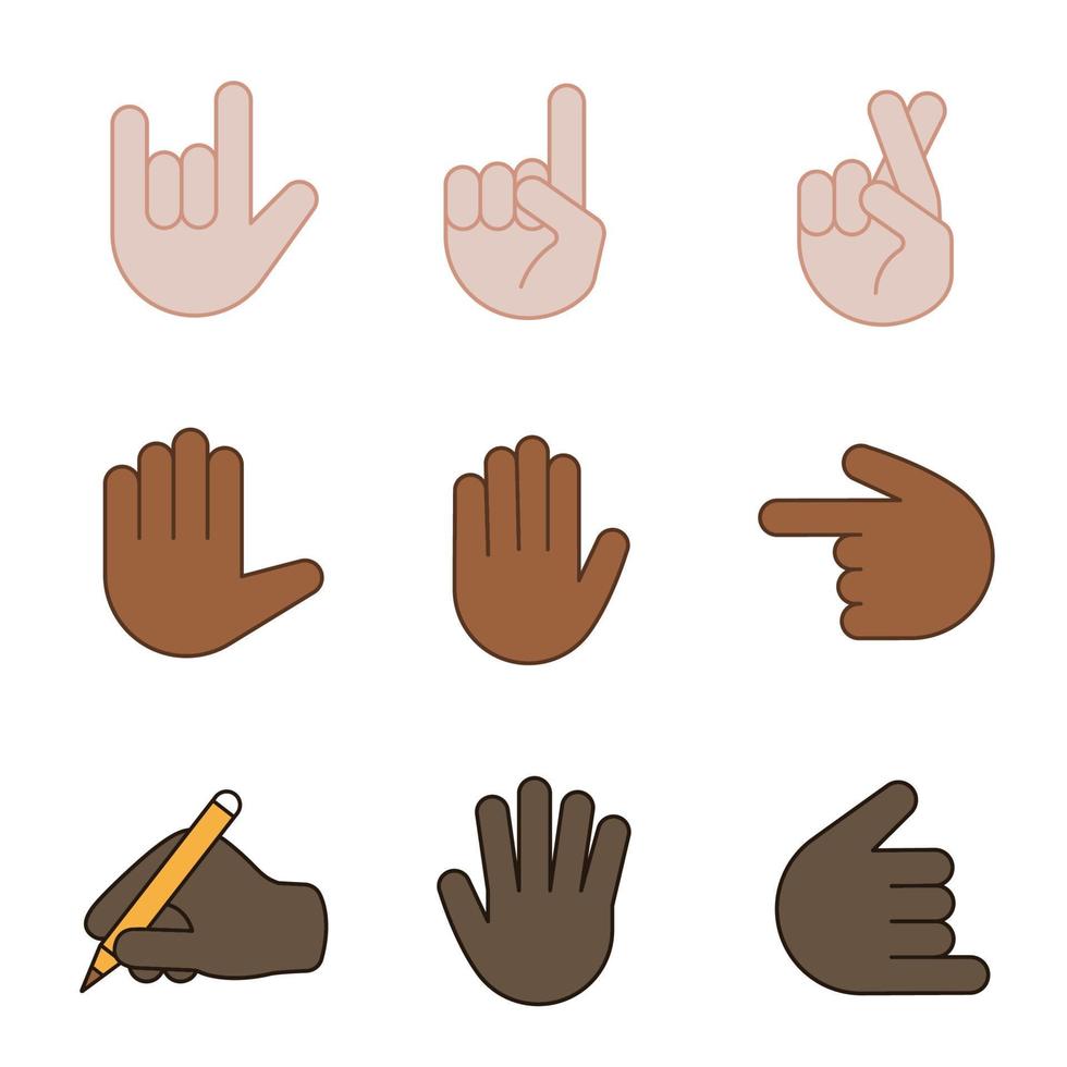 handgest emojis färgikoner set. älskar dig, rocka på, backhand-index pekar åt vänster och uppåt, tur, lögn, high five, räknar fem, shaka-gester, skrivhand. isolerade vektorillustrationer vektor