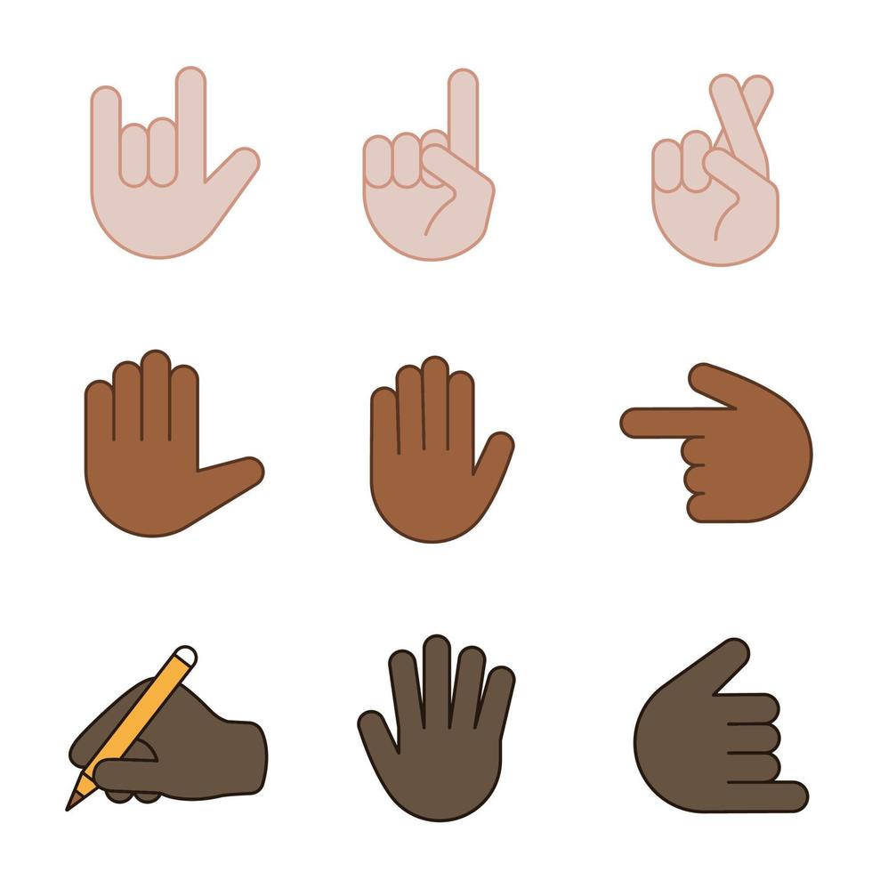 Handgeste Emojis Farbsymbole gesetzt. Liebe dich, Rock on, Rückhand-Zeige nach links und oben zeigend, Glück, Lüge, High Five, Fünf zählen, Shaka-Gestikulieren, Hand schreiben. isolierte vektorillustrationen vektor