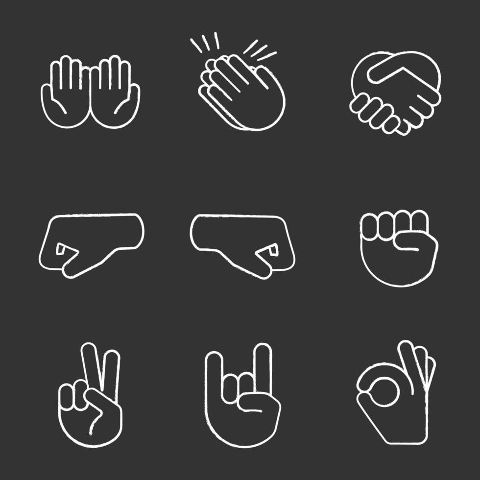 handgest emojis krita ikoner set. tiggeri, applåder, handslag, vänster och höger nävar, frid, rocka på, ok gestikulerande. skakar, kupade, klappande händer. isolerade svarta tavlan vektorillustrationer vektor