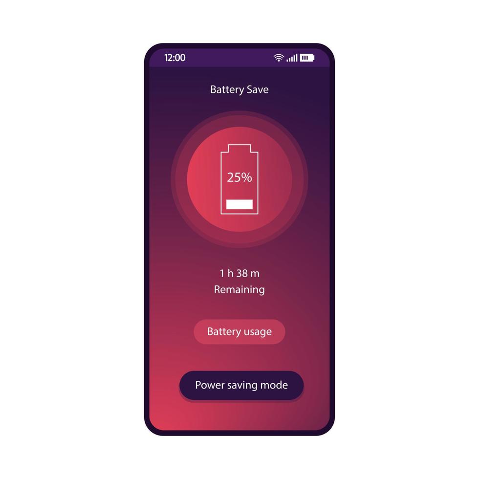 Batteriespar-App-Smartphone-Schnittstellenvektorvorlage. lila Design-Layout der mobilen Dienstprogrammanwendungsseite. Energiesparmodus flacher Farbverlauf ui. Restladung, Telefonanzeige zur Energieoptimierung vektor