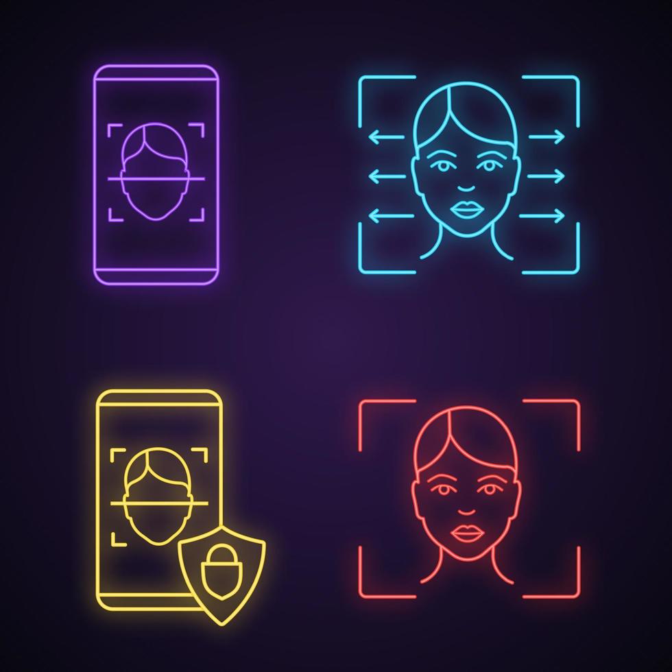 Gesichtserkennungs-Neonlicht-Symbole gesetzt. biometrische Identifizierung. Gesichtssperre und Banking-Gesichtserkennungs-Smartphone-Apps, Lesegerät, Scansoftware. leuchtende Zeichen. isolierte Vektorgrafiken vektor
