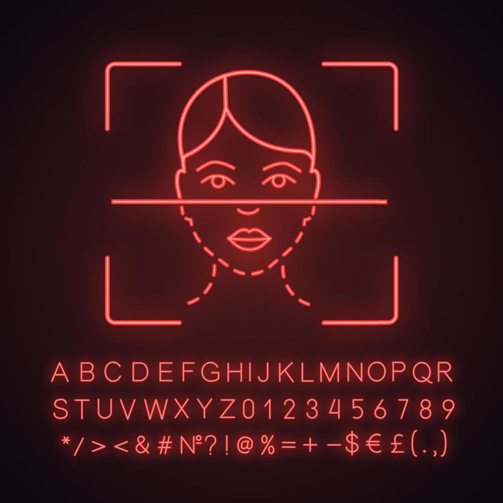 ansiktsskanningsprocess neonljusikon. ansiktsigenkänning. biometrisk identifiering. ansikts-id. glödande tecken med alfabet, siffror och symboler. vektor isolerade illustration