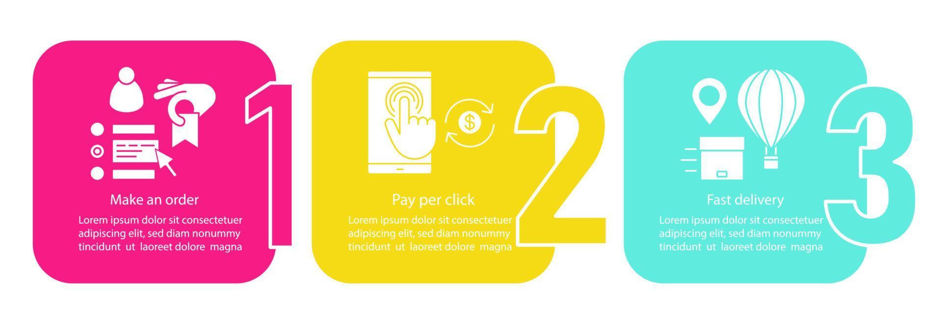 Online-Shopping-Vektor-Infografik-Vorlage. Bestellung aufgeben, Zahlung klicken, schnelle Lieferung. Datenvisualisierung mit drei Schritten und Optionen. Zeitachsendiagramm des Prozesses. Workflow-Layout mit Symbolen vektor