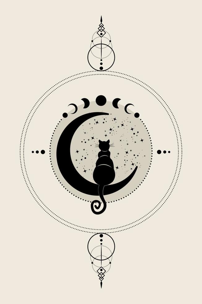 mystisk svart katt som sitter på halvmånen, titta på stjärnorna. månfashjul. logotyp wicca symbol, boho stil, tatuering ikon. vektor illustration isolerad på vintage bakgrund