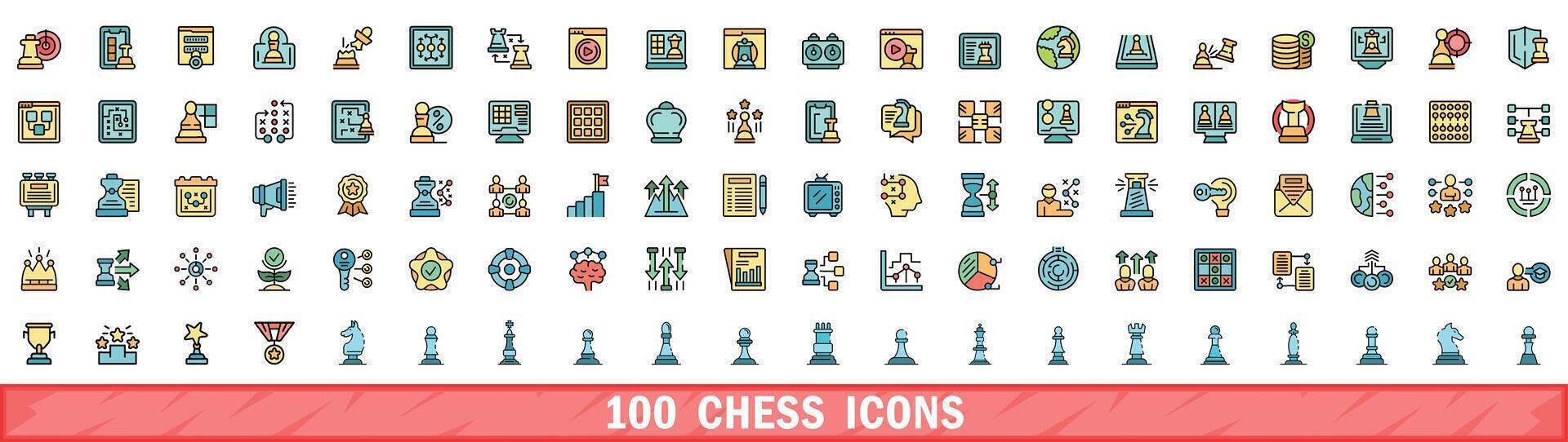 100 Schach Symbole Satz, Farbe Linie Stil vektor