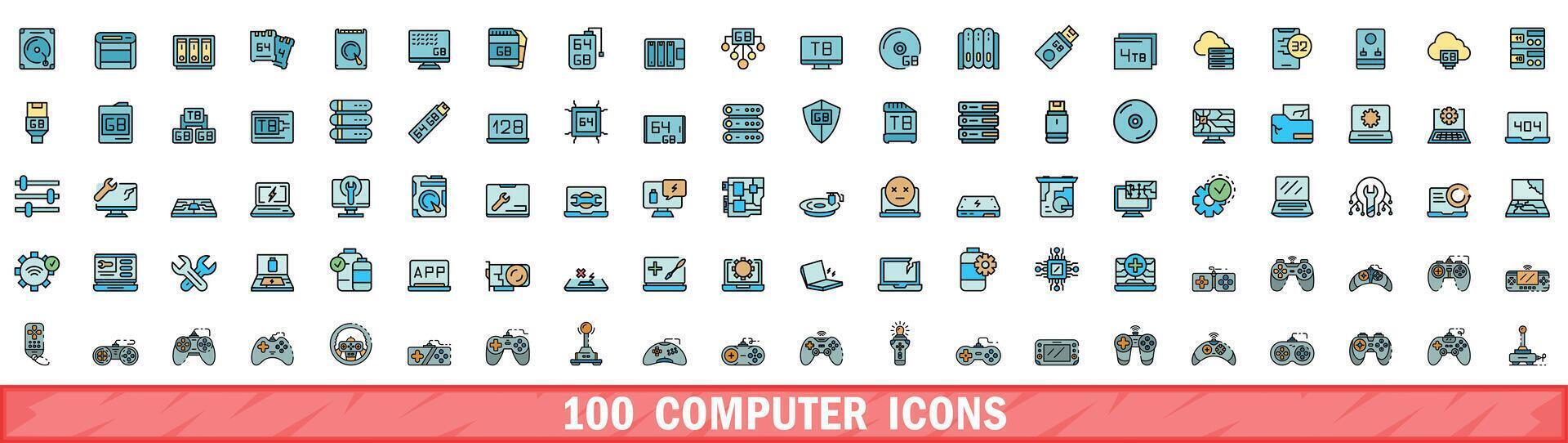 100 Computer Symbole Satz, Farbe Linie Stil vektor