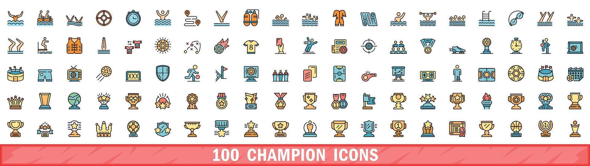 100 mästare ikoner uppsättning, Färg linje stil vektor