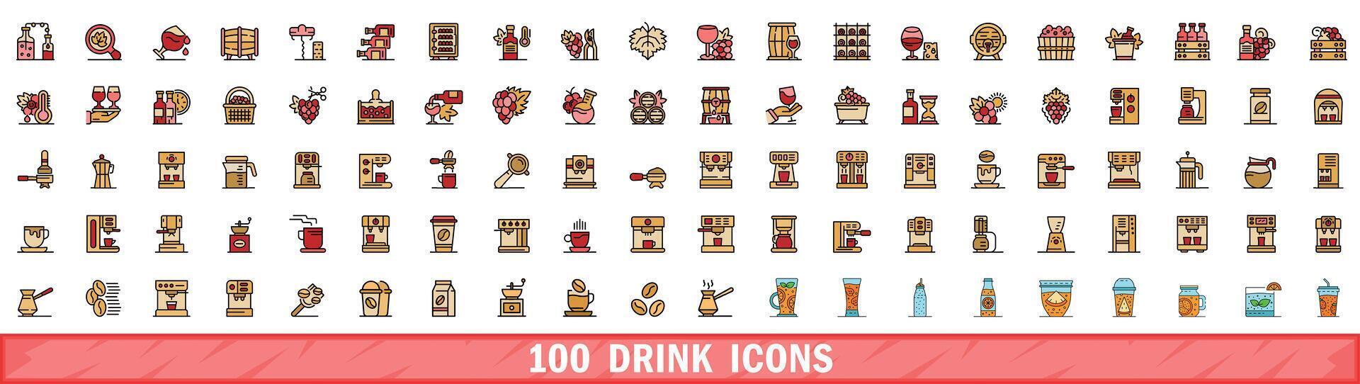 100 dryck ikoner uppsättning, Färg linje stil vektor