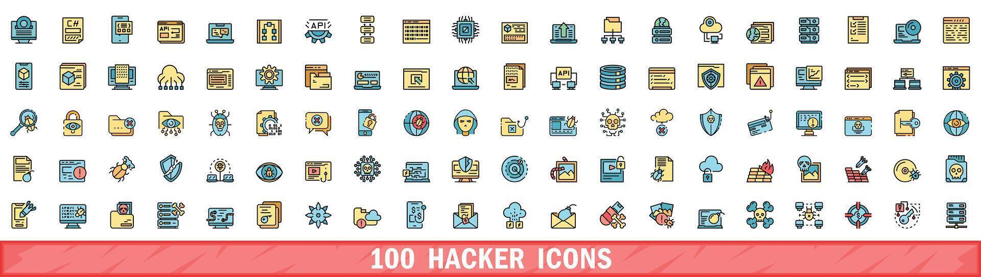 100 hacker ikoner uppsättning, Färg linje stil vektor