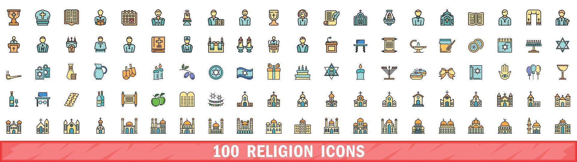 100 religion ikoner uppsättning, Färg linje stil vektor