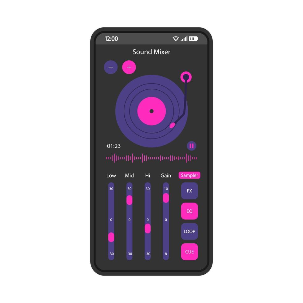 ljudmixer app smartphone gränssnitt vektor mall. mobil sida svart design layout. ljudequalizer. röstinspelare. dj musik mixer skärm. platt UI för applikation. volym skivspelare. telefonens display