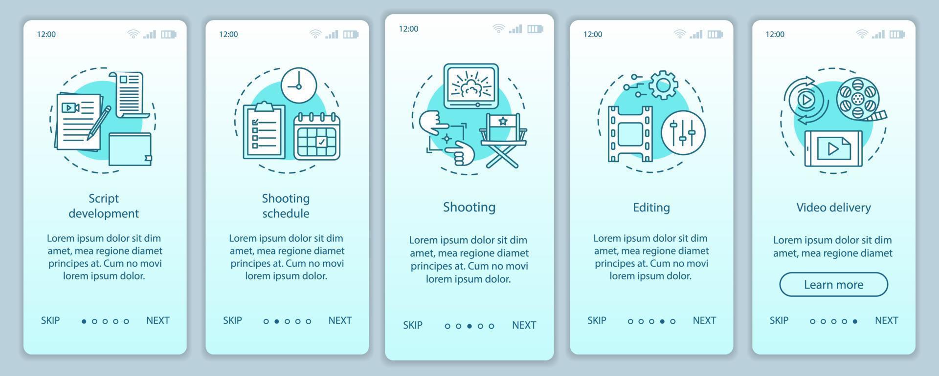 Videoproduktion Onboarding Mobile App-Seite Bildschirmvektorvorlage. Filmherstellungsprozess. Filmindustrie. Walkthrough-Website-Schritte mit linearen Illustrationen. ux, ui, gui Smartphone-Schnittstellenkonzept vektor