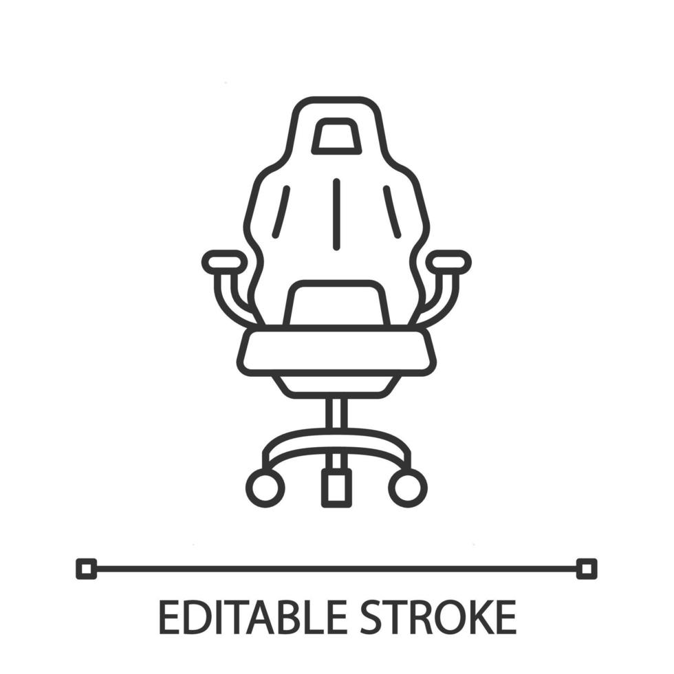 spelfåtölj linjär ikon. ergonomisk stol. e-sportutrustning. bekväm spelmiljö. tunn linje illustration. kontur symbol. vektor isolerade konturritning. redigerbar linje