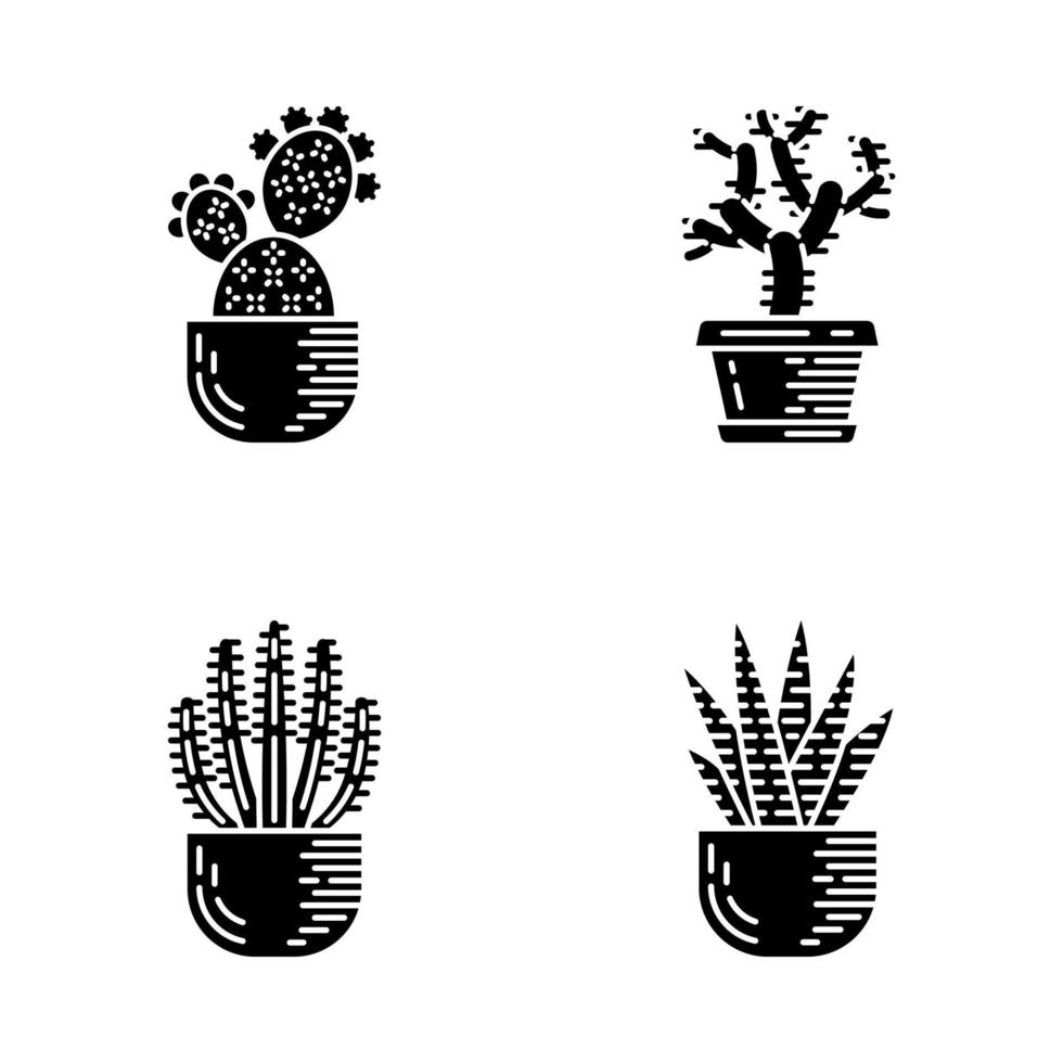 Hauskakteen im Topf Glyphe Icons Set. Sukkulenten. stachelige Pflanzen. Kaktusfeige, Cholla, Zebrakaktus, Orgelpfeife. Silhouette-Symbole. isolierte Vektorgrafik vektor