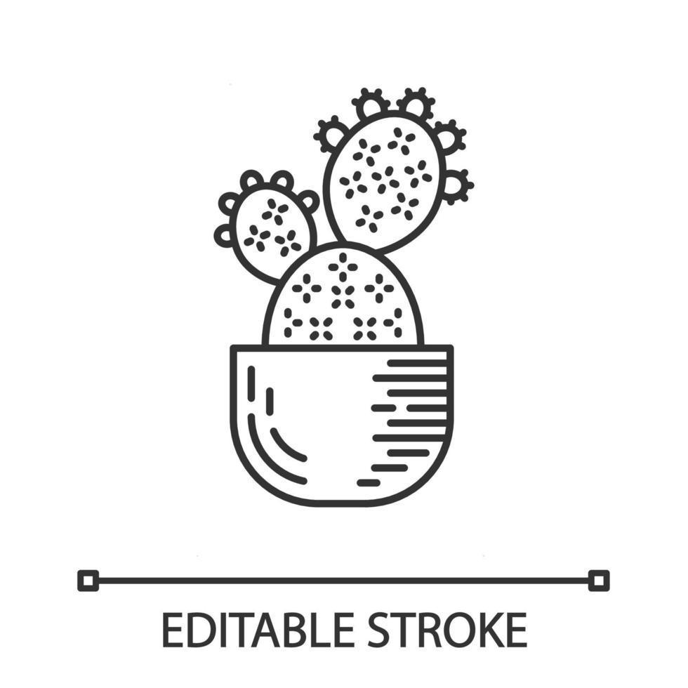 Kaktusfeigenkaktus im Topf lineares Symbol. Opuntien. Paddelkaktus zu Hause. mexikanische Naturpflanze. exotische Pflanzenwelt. dünne Linie Abbildung. Kontursymbol. Vektor isolierte Umrisszeichnung. bearbeitbarer Strich