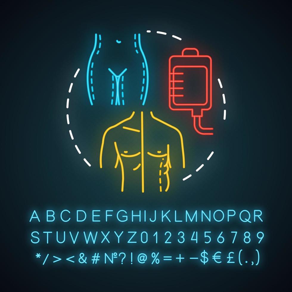 Fettabsaugung Neonlicht-Symbol. Fettabsaugung. schlanke Körpersilhouette. Verfahren der plastischen Chirurgie. Fettentfernung. leuchtendes Schild mit Alphabet, Zahlen und Symbolen. isolierte Vektorgrafik vektor