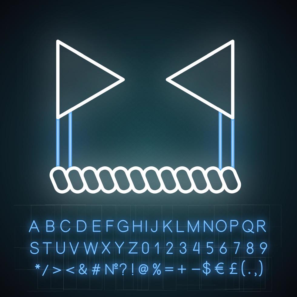 Symbol für Cricket-Grenze für Neonlicht. zwei durch Seil verbundene Fahnen. Grenze des Spielfeldes. Schläger- und Ballmannschaftsspiel. leuchtendes Schild mit Alphabet, Zahlen und Symbolen. isolierte Vektorgrafik vektor