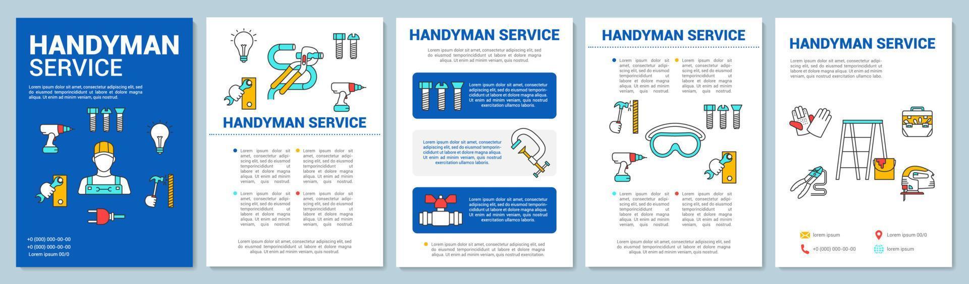 hantlangare service broschyr mall layout. hem reparation. hushållning. flygblad, häfte, broschyrtryckdesign med linjära illustrationer. vektor sidlayouter för årsredovisningar, reklamaffischer