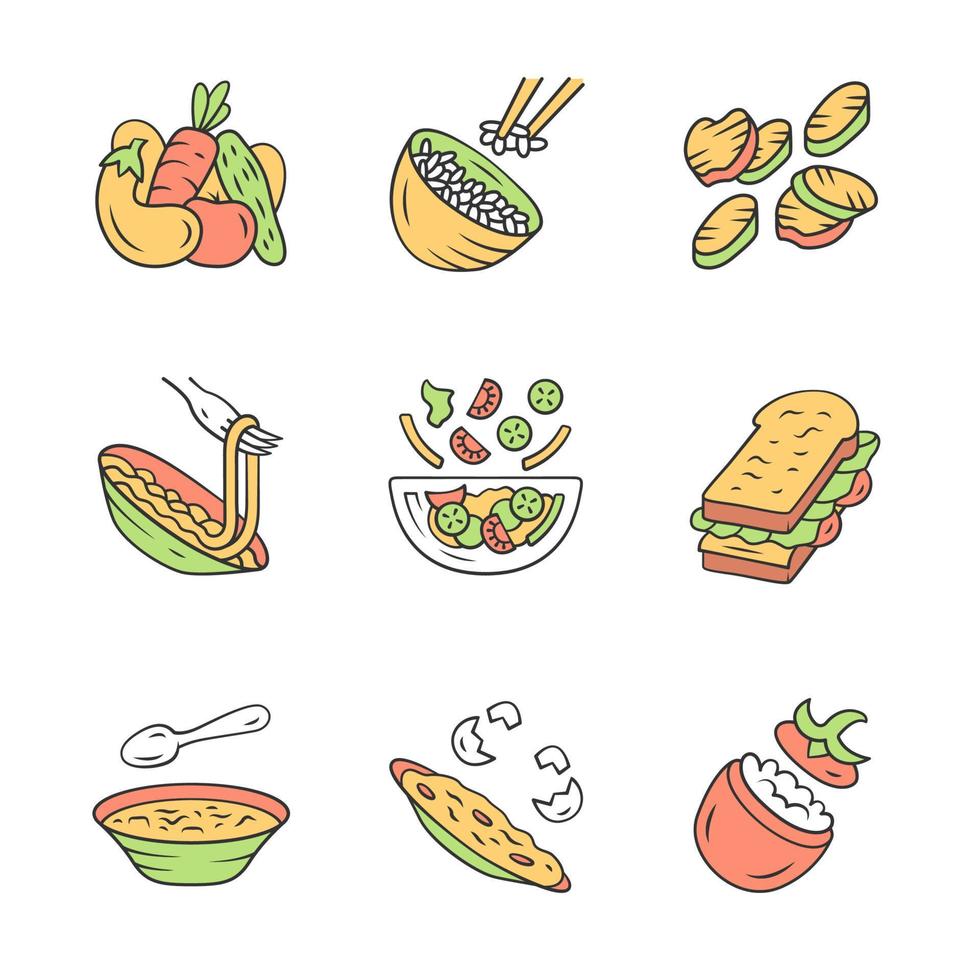 Restaurantmenü Gerichte Farbsymbole gesetzt. Salate, Suppe, Hauptgerichte. Reis, gegrilltes Gemüse, Omelette, Pasta, Sandwich. nahrhaftes Essen, Gemüse. isolierte vektorillustrationen vektor