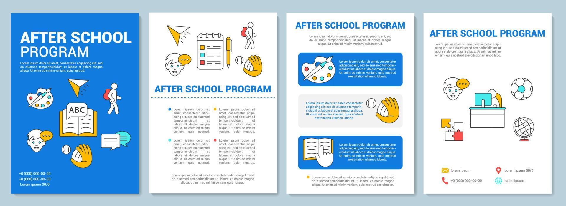 efter skolan program broschyr mall layout. lärocenter. flygblad, häfte, broschyrtryckdesign med linjära illustrationer. vektor sidlayouter för tidskrifter, årsredovisningar, reklamaffischer