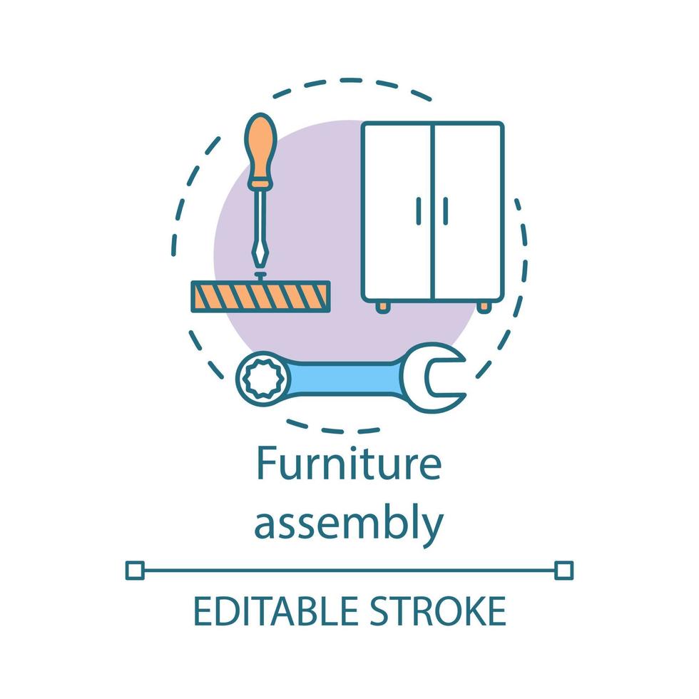 möbel montering koncept ikon. hemtjänst idé tunn linje illustration. entreprenörsreparatör. montering av träskåp. hus gentrifiering. vektor isolerade konturritning. redigerbar linje