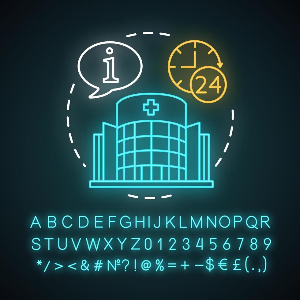 Symbol für das Neonlichtkonzept des Klinikums. Medizin und Gesundheitswesen. Krankenhaus-Informationssystem. Patientenversorgung. 24 Stunden Arbeitsidee. leuchtendes Alphabet, Zahlen und Symbole. isolierte Vektorgrafik vektor