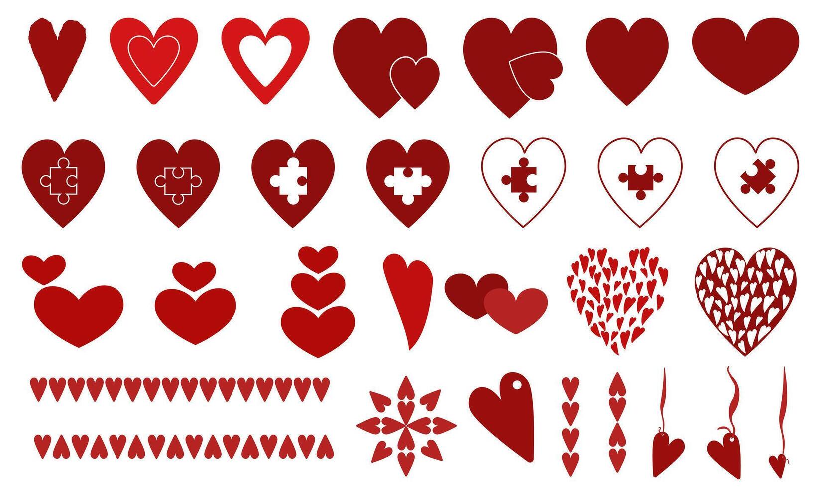 uppsättning av dekorativ hjärtan och design element för hjärtans dag, olika former och detaljer av kärlek symboler vektor
