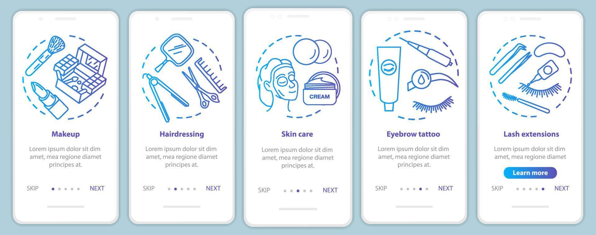 Schönheitssalon-Services blaues Onboarding der mobilen App-Seitenbildschirmvektorvorlage. Make-up, Friseursalon. Walkthrough-Website-Schritte mit linearen Illustrationen. ux, ui, gui Smartphone-Schnittstellenkonzept vektor