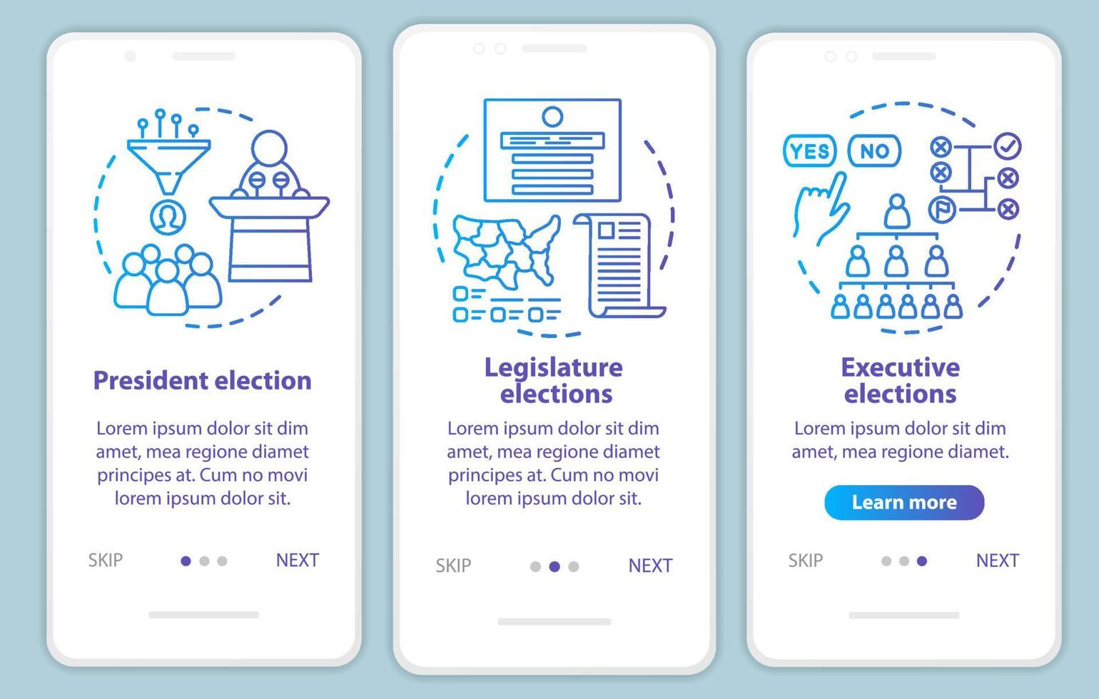 Wahlen Onboarding Mobile App-Seite Bildschirm Vektorvorlage. Präsident, Legislative, Exekutivwahlen. Walkthrough-Website-Schritte mit linearen Illustrationen. ux, ui, gui Smartphone-Schnittstellenkonzept vektor